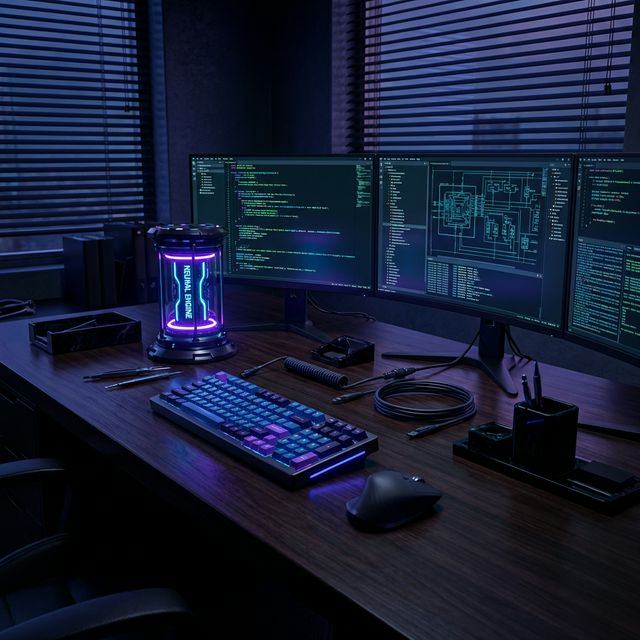 A high-end dark mode builder's desk