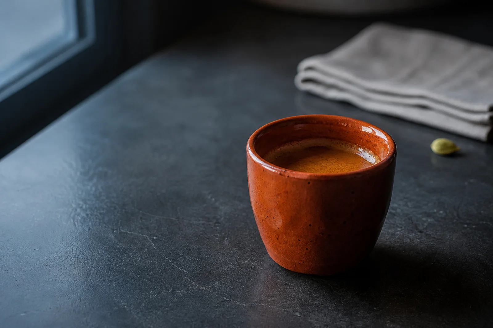 The burnt-orange ceramic espresso cup from part one, on a dark stone table at dawn