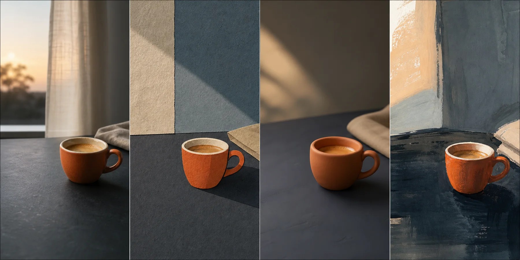 Four equal panels showing the same orange espresso cup as a photo, paper collage, clay render, and painted illustration