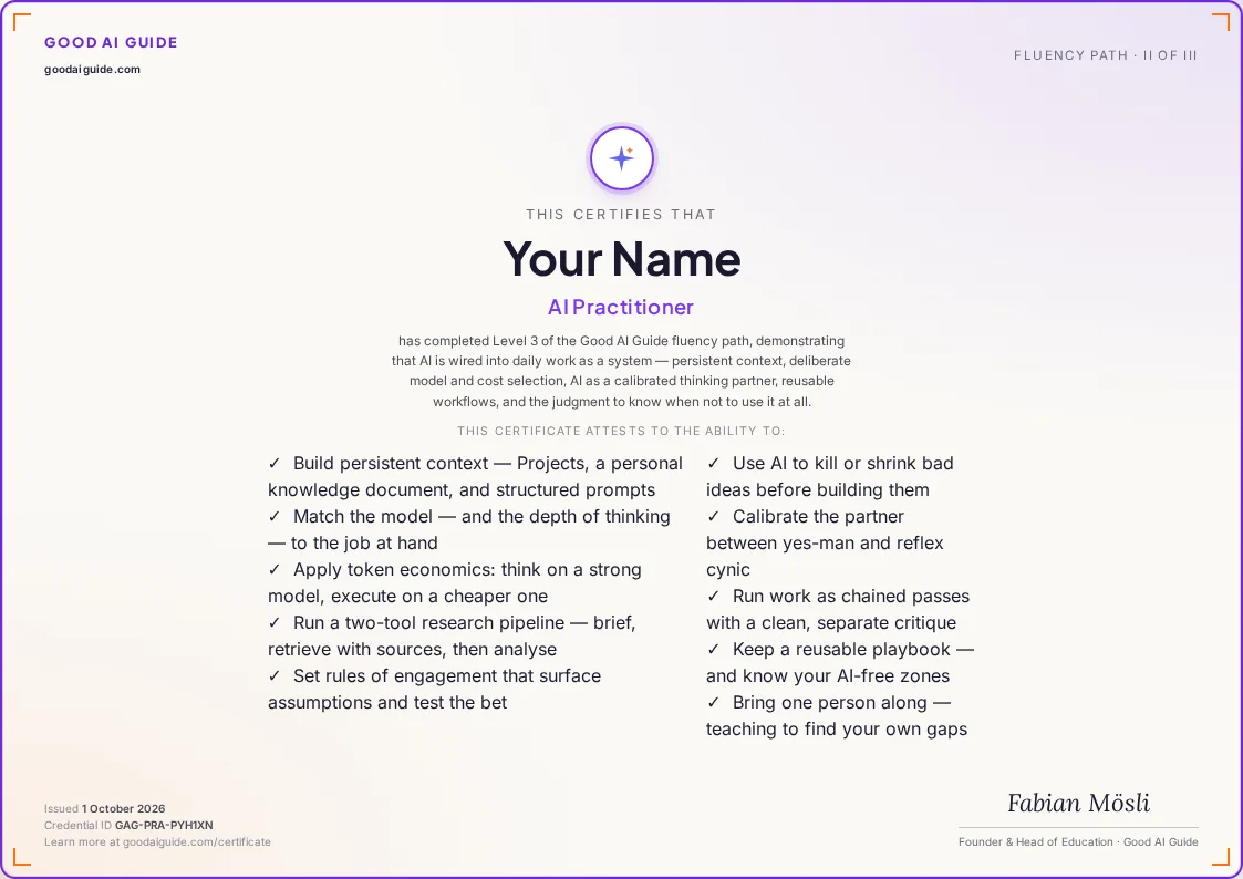 A sample AI Practitioner certificate made out to “Your Name”, listing the ten skills it attests and signed by Fabian Mösli.