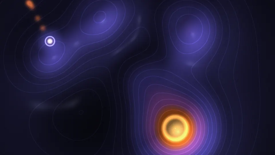 A glowing orb rolling across a dark contour map of hills and valleys toward the brightest, lowest basin.