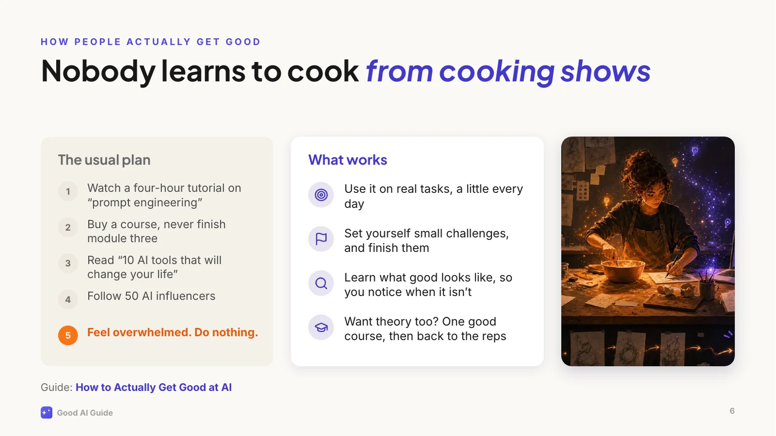 The usual plan, in five steps: 1. Watch a four-hour tutorial on “prompt engineering” 2. Buy a course, never finish module three 3. Read “10 AI tools that will change your life” 4. Follow 50 AI influencers 5. Feel overwhelmed. Do nothing. What works instead: Use it on real tasks, a little every day; Set yourself small challenges, and finish them; Learn what good looks like, so you notice when it isn’t; Want theory too? One good course, then back to the reps. An illustration shows a person mixing something in a bowl at a cluttered workbench, with crumpled first drafts below.