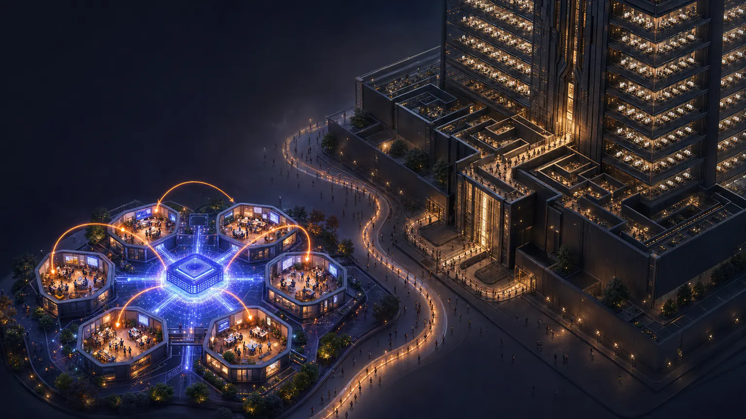 A small connected company with a glowing AI operating system facing a huge incumbent office tower